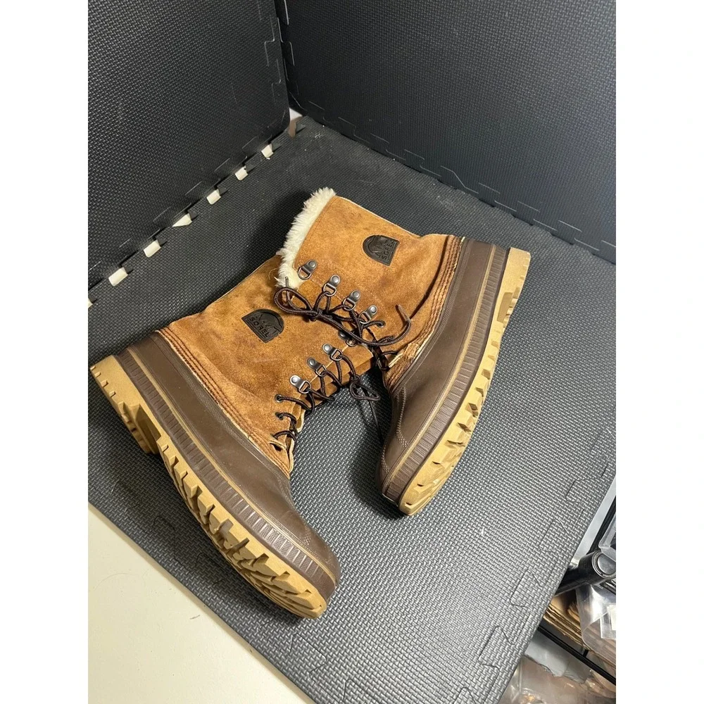 Sorel Vintage Caribou Winter Boot Mens 11 Brown Suede Waterproof Faux Fur Lining
